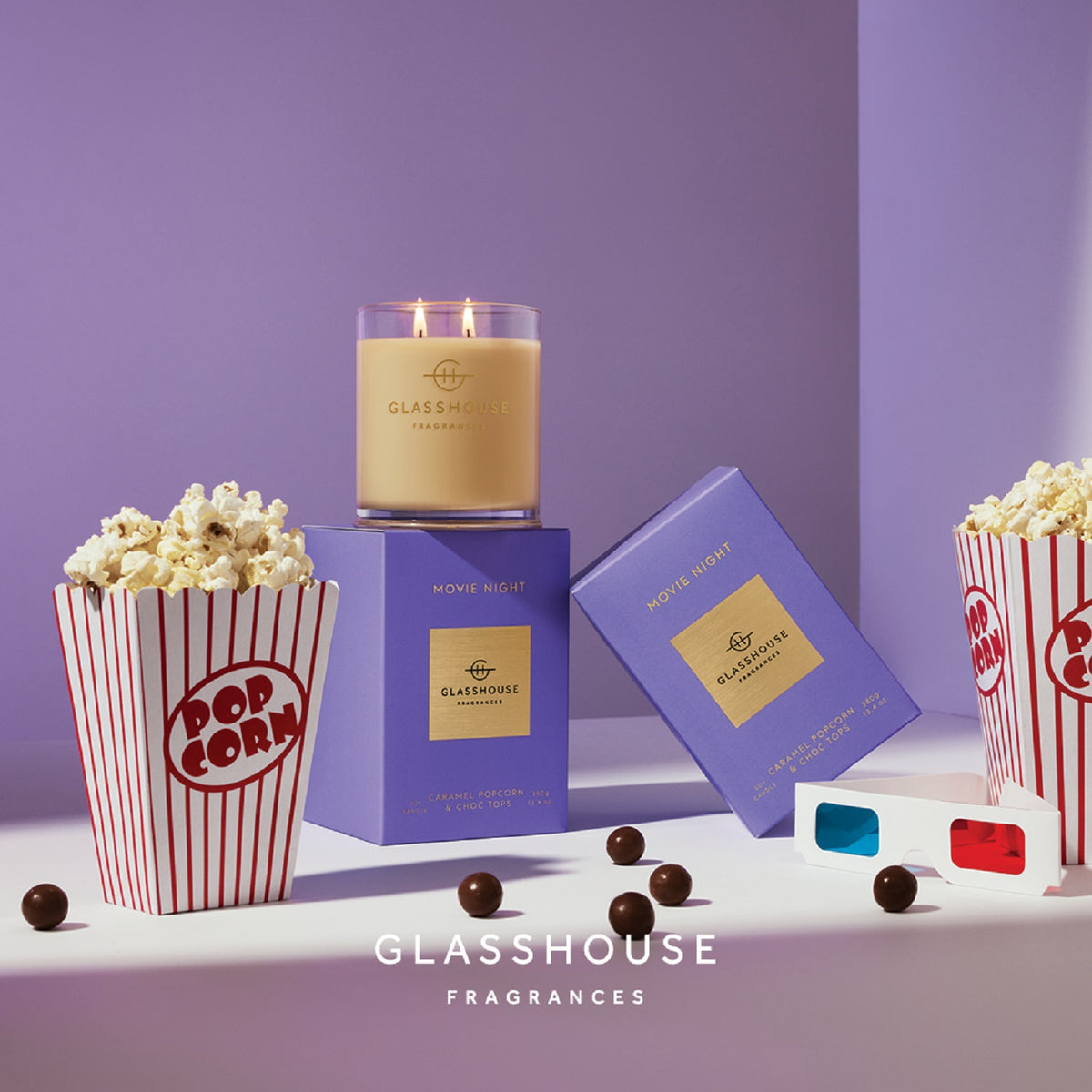 Movie Night Caramel Popcorn & Choc Tops 380g Candle Glasshouse