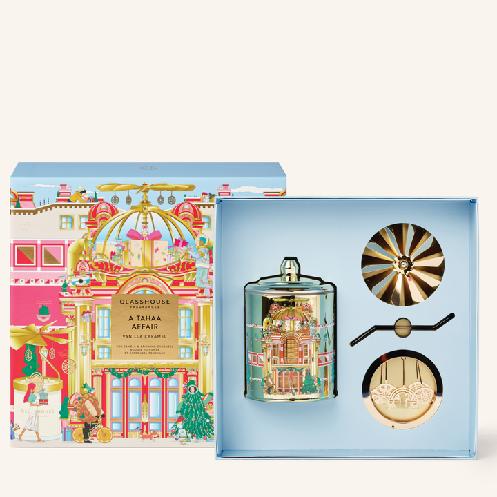 A Tahaa Affair Vanilla Caramel 380G Candle & Spinning Carousel | Glasshouse Fragrances
