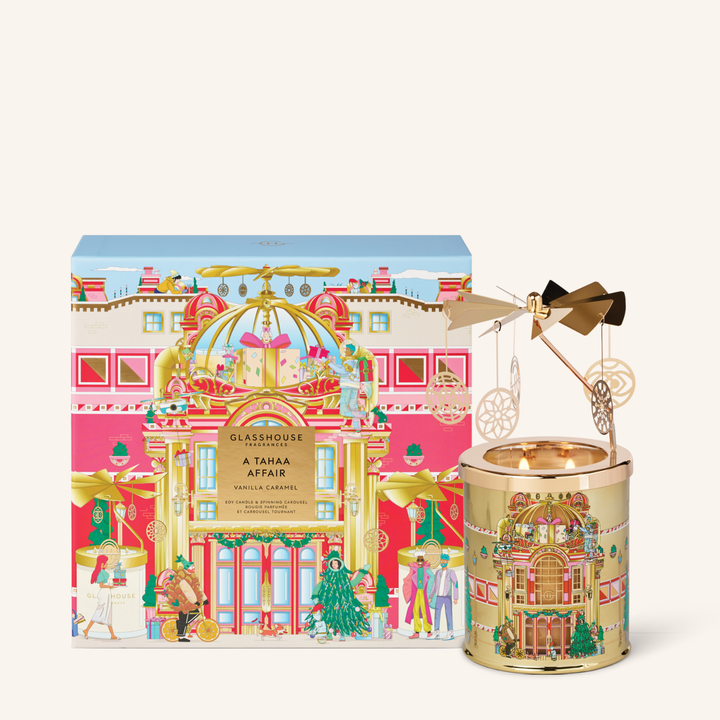A Tahaa Affair Vanilla Caramel 380G Candle & Spinning Carousel | Glasshouse Fragrances