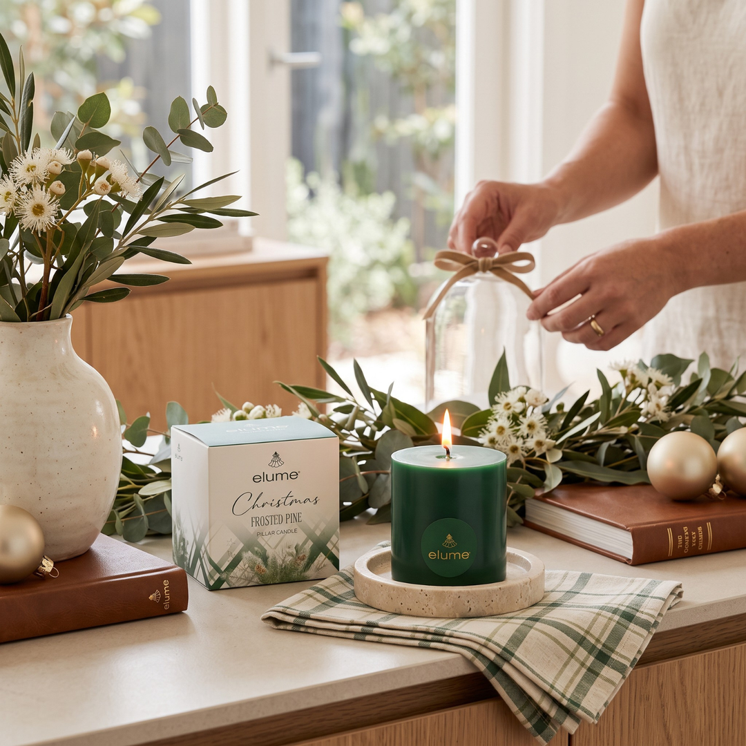 elume Frosted Pine 4x4 Green Pillar Candle
