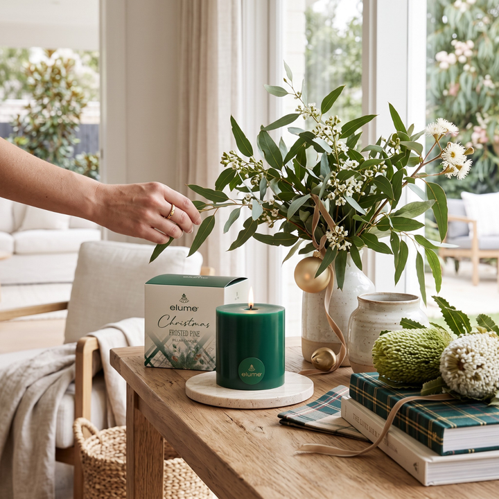 elume Frosted Pine 4x4 Green Pillar Candle
