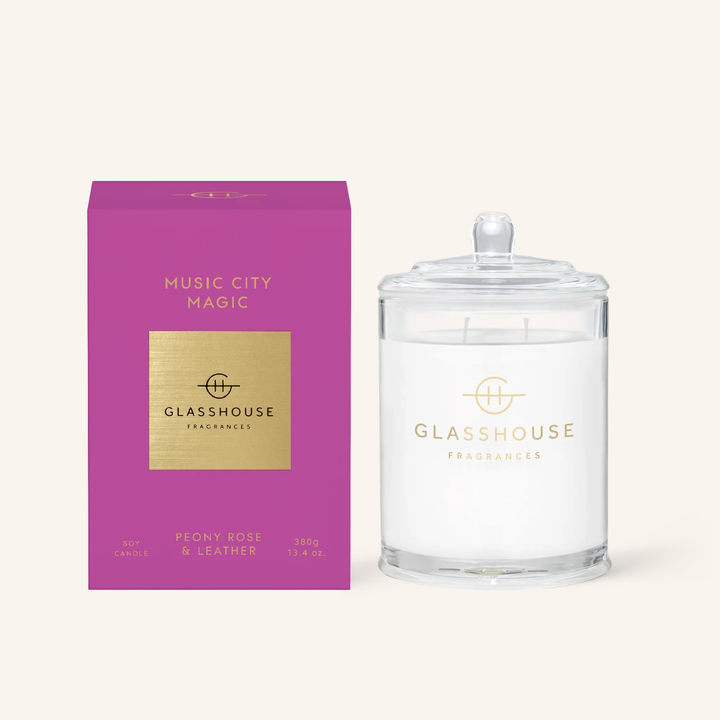 Music City Magic Peony Rose & Leather Soy 380g Candle | Glasshouse