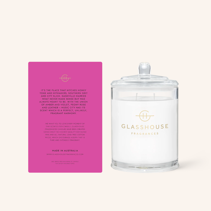 Music City Magic Peony Rose & Leather Soy 380g Candle | Glasshouse