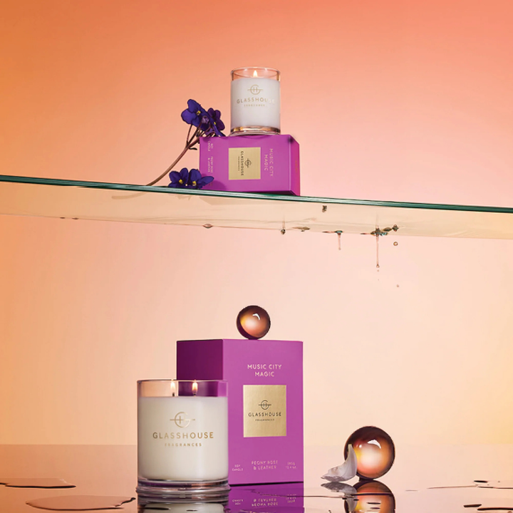 Music City Magic Peony Rose & Leather Soy 380g Candle | Glasshouse