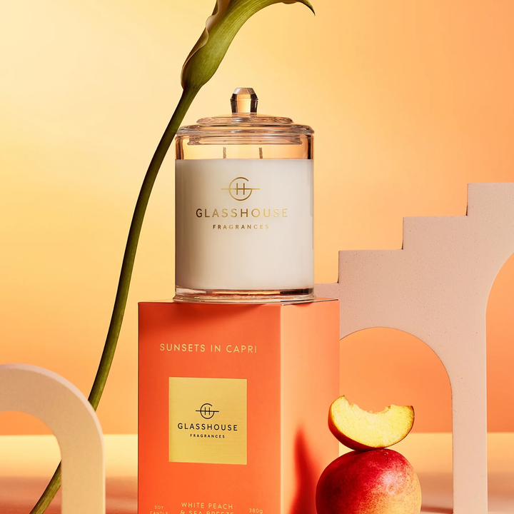 Glasshouse Sunsets in Capri White Peach & Sea Breeze 380g Soy Candle