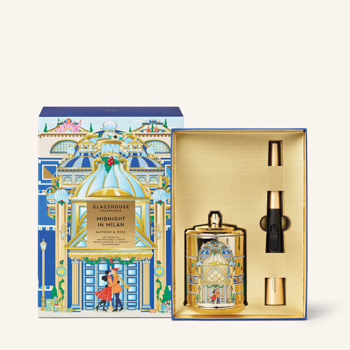 Midnight in Milan 380G Candle & Lighter Christmas Gift Set | Glasshouse Fragrances