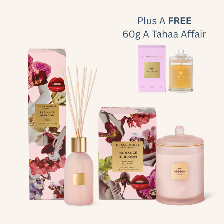 Radiance in Bloom Bundle with FREE A Tahaa Affair 60g Candle | Glasshouse