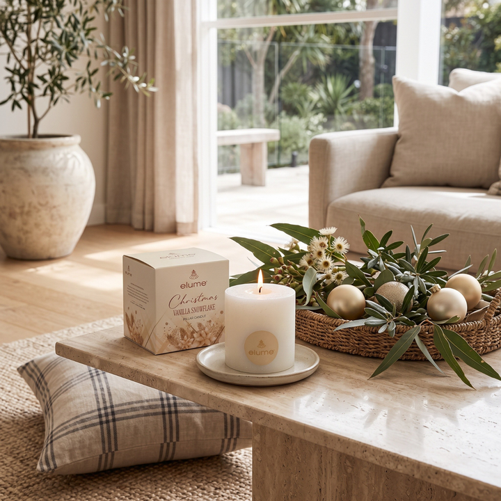 elume Vanilla Snowflake 4x4 White Pillar Candle