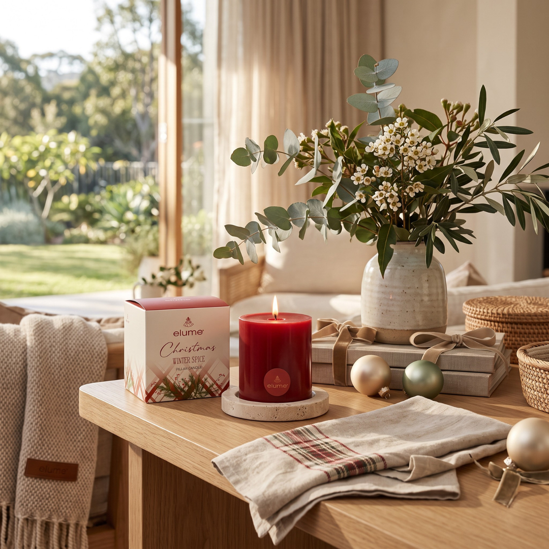 elume Winter Spice 3x3 Red Pillar Candle