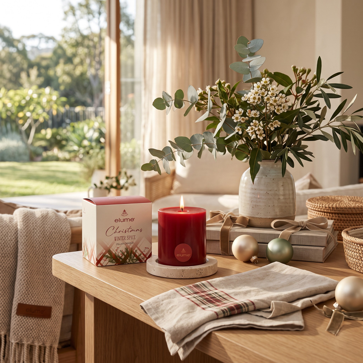 elume Winter Spice 3x3 Red Pillar Candle