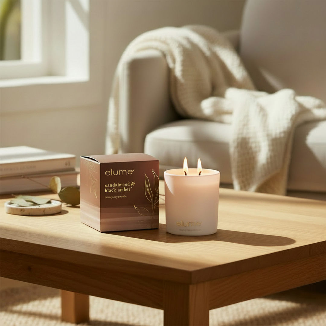 Sandalwood & Black Amber Soy Candles | Elume