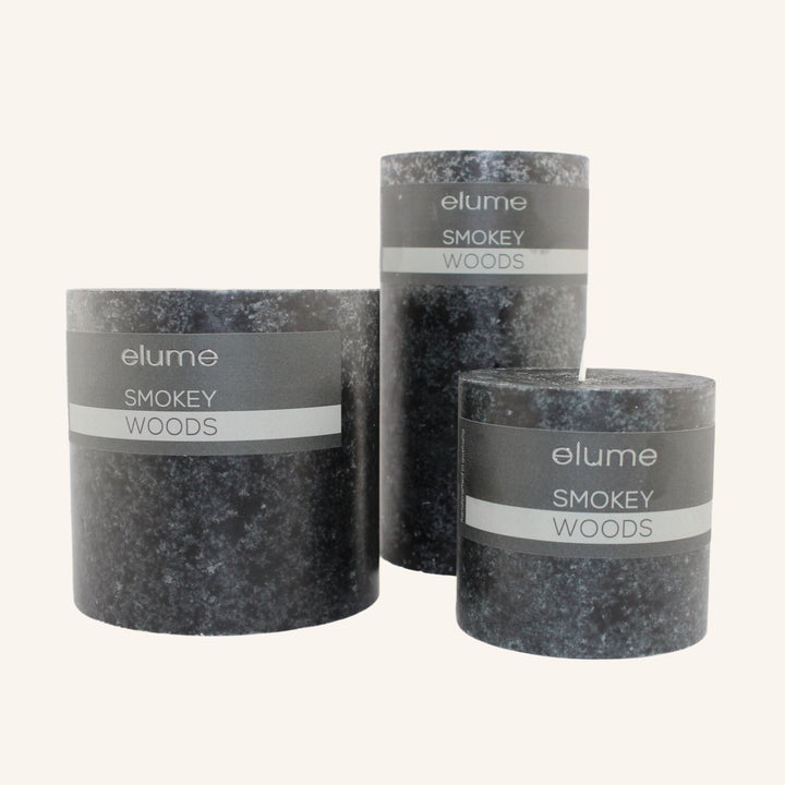 Smokey Woods 4x4 Pillar Candles | Elume