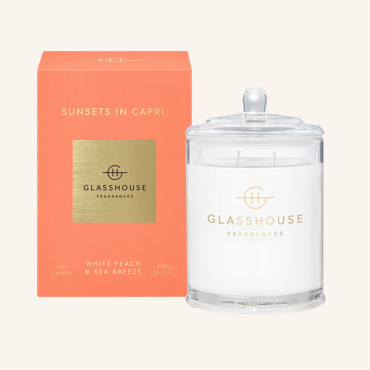 Glasshouse Sunsets in Capri White Peach & Sea Breeze 380g Soy Candle
