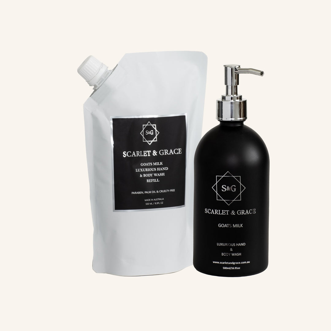 Goats' Milk Hand and Body Wash and a 500ml Refill - Champagne & Strawberries | Scarlet & Grace